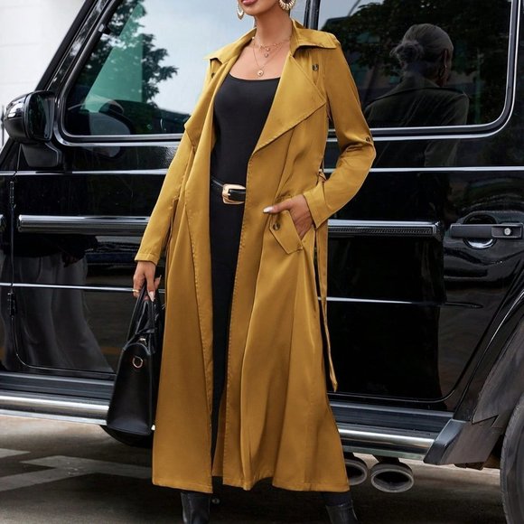 Roll Up Sleeve Belted Satin Trench Coat yellow - Picture 2 of 6